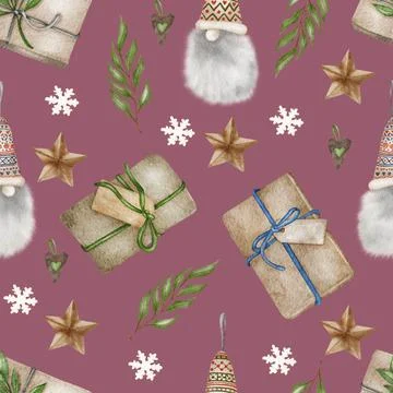 Christmas seamless pattern. lights,pine cone, firry. Watercolor illustration. Stock Illustration