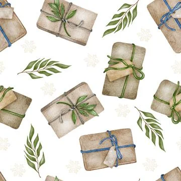 Christmas seamless pattern. lights,pine cone, firry. Watercolor illustration. Stock Illustration