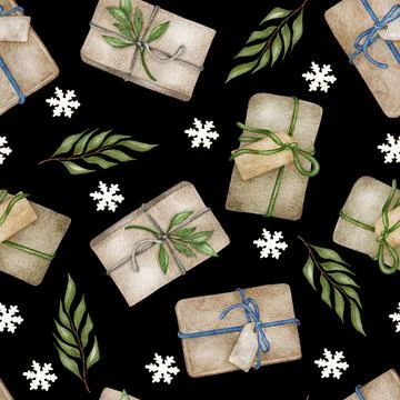 Christmas seamless pattern. lights,pine cone, firry. Watercolor illustration. Stock Illustration