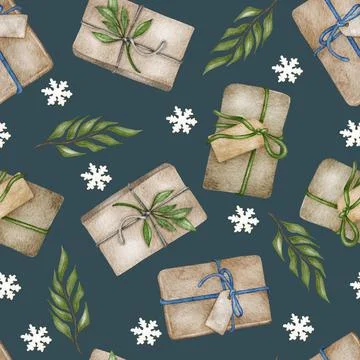 Christmas seamless pattern. lights,pine cone, firry. Watercolor illustration. Stock Illustration