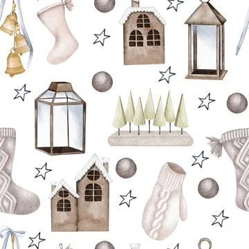 Christmas seamless pattern. lights,pine cone, firry. Watercolor illustration. Stock Illustration