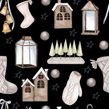 Christmas seamless pattern. lights,pine cone, firry. Watercolor illustration. Stock Illustration