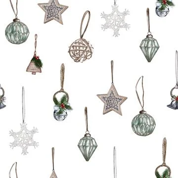 Christmas seamless pattern. lights,pine cone, firry. Watercolor illustration. Stock Illustration