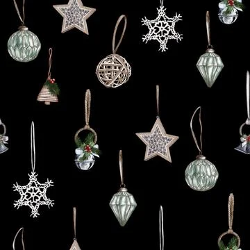 Christmas seamless pattern. lights,pine cone, firry. Watercolor illustration. Stock Illustration