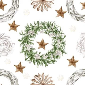 Christmas seamless pattern. lights,pine cone, firry. Watercolor illustration. Stock Illustration