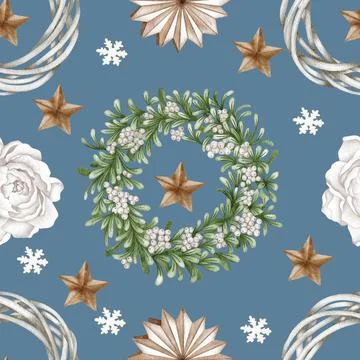 Christmas seamless pattern. lights,pine cone, firry. Watercolor illustration. Stock Illustration