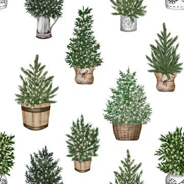 Christmas seamless pattern. lights,pine cone, firry. Watercolor illustration. Stock Illustration