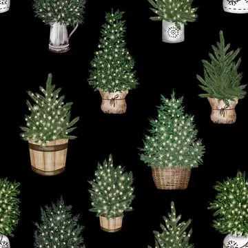 Christmas seamless pattern. lights,pine cone, firry. Watercolor illustration. Stock Illustration