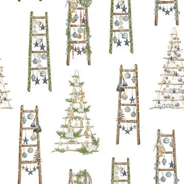 Christmas seamless pattern. lights,pine cone, firry. Watercolor illustration. Stock Illustration