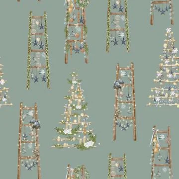 Christmas seamless pattern. lights,pine cone, firry. Watercolor illustration. Stock Illustration