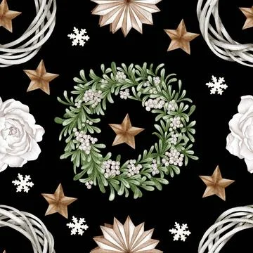 Christmas seamless pattern. lights,pine cone, firry. Watercolor illustrati... Stock Photos