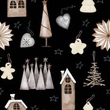 Christmas seamless pattern. lights,pine cone, firry. Watercolor illustrati... Stock Photos