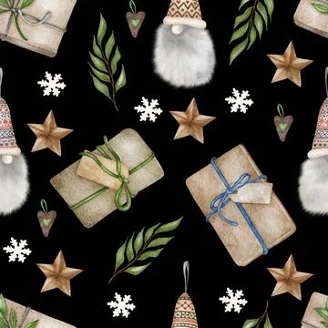 Christmas seamless pattern. lights,pine cone, firry. Watercolor illustrati... Stock Photos