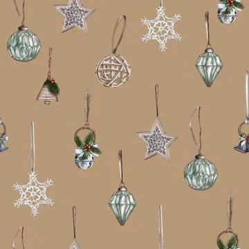 Christmas seamless pattern. lights,pine cone, firry. Watercolor illustrati... Stock Photos