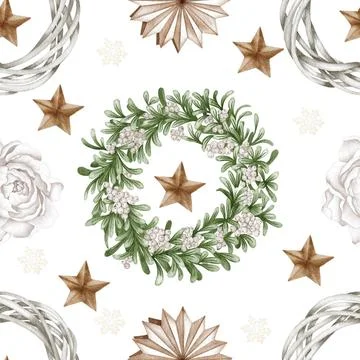 Christmas seamless pattern. lights,pine cone, firry. Watercolor illustrati... Stock Photos