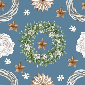 Christmas seamless pattern. lights,pine cone, firry. Watercolor illustrati... Stock Photos