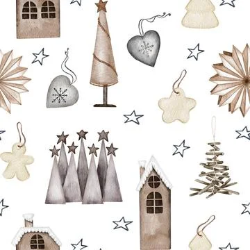 Christmas seamless pattern. lights,pine cone, firry. Watercolor illustrati... Stock Photos