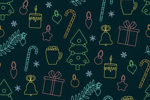 Christmas seamless pattern with line color element Stock Illustration