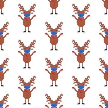 Christmas seamless pattern made from Deer character in medical mask. Stock Illustration
