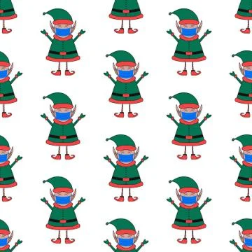 Christmas seamless pattern made from Elf character in medical mask. Stock Illustration