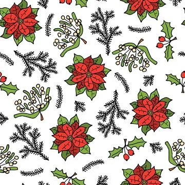 Christmas seamless pattern made of fir branches with poinsettia. Stock Illustration