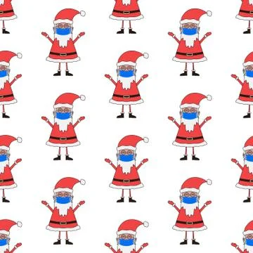 Christmas seamless pattern made from Santa Claus character in medical mask. Stock Illustration