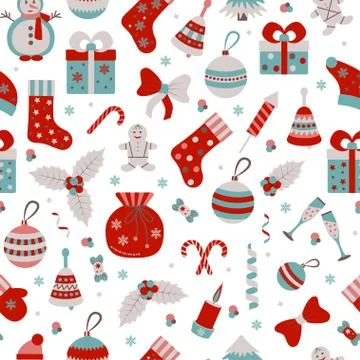Christmas seamless pattern with many winter doodle toys Stock Illustration