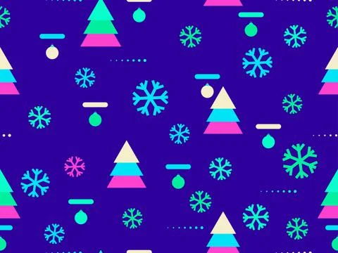 Christmas seamless pattern memphis with snowflakes and fir-trees. Great for b Stock Illustration