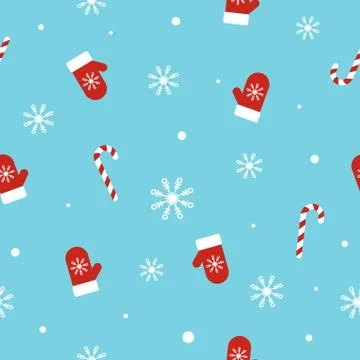 Christmas seamless pattern with mittens, candy canes, snowflakes and snowball Stock Illustration