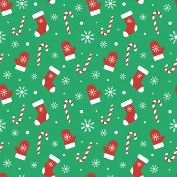 Christmas seamless pattern with mittens, candy canes, snowflakes and snowball Stock Illustration