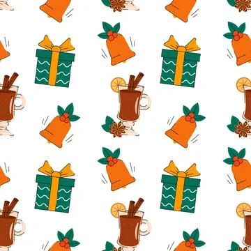 Christmas seamless pattern with mulled wine, gift boxes, and bells Stock Illustration