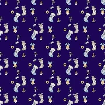 Christmas seamless pattern. New year pattern on a dark blue background - socks Stock Illustration