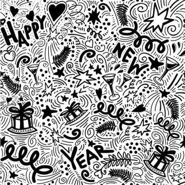 Christmas seamless pattern with New Years doodle elements drawn by hand. Stock Illustration