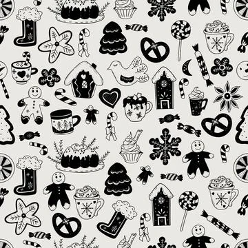 Christmas seamless pattern. New Years decor, gingerbread, Christmas tree, gin Stock Illustration