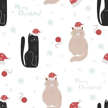 Christmas seamless pattern. New Years cute animals cats in Santas hat on whit イラスト素材