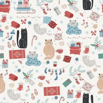 Christmas seamless pattern. New Years decor, sleigh, gifts, socks, cute cats  Stock Illustration