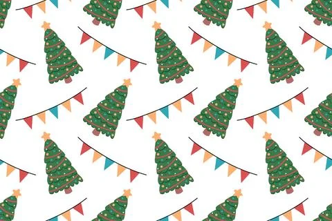 Christmas seamless pattern with a New Year's tree, garlands and stars. Illustrazione stock