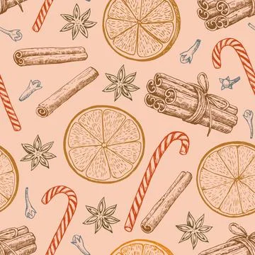 Christmas seamless pattern with orange slices and spices: cinnamon, cloves .. Stock Illustration