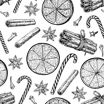Christmas seamless pattern with orange slices and spices: cinnamon, cloves .. Illustrazione stock