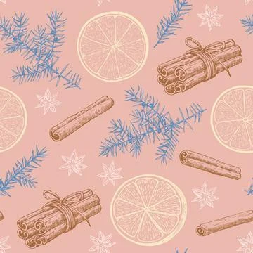 Christmas seamless pattern with orange slices and spices: cinnamon, cloves .. Stock Illustration