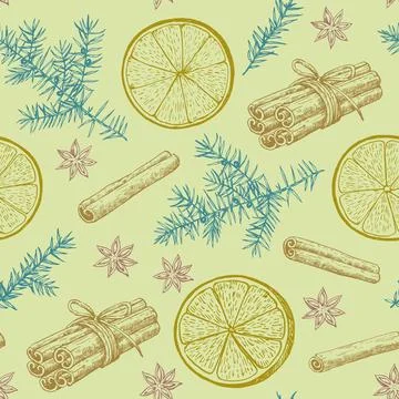 Christmas seamless pattern with orange slices and spices: cinnamon, cloves .. Stock Illustration