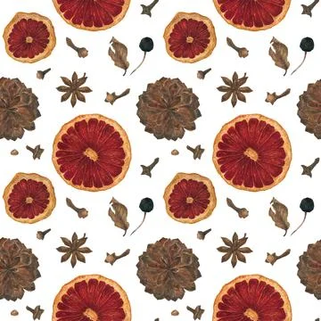 Christmas seamless pattern with oranges and spices and cones on a white Stock Illustration