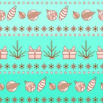 Christmas seamless pattern with ornaments, pine branches, and presents in f.. Stock Illustration