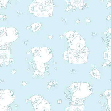 Christmas Seamless pattern. Outline Cute Capybara Santa in cup Hot Cocoa wi.. Stock Illustration