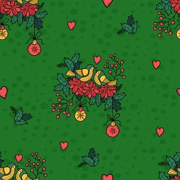 Christmas Seamless Pattern. Pair love birds with poinsettia flowers, holly,.. Ilustração Stock