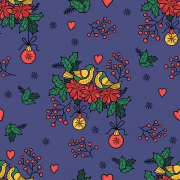 Christmas Seamless Pattern. Pair of love birds with berries, poinsettia flo.. Stock Illustration
