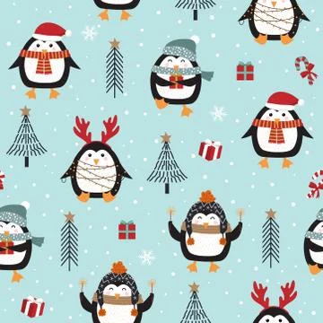 Christmas seamless pattern with penguin background, Winter pattern, wrapping  Stock Illustration