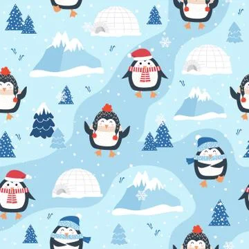 Christmas seamless pattern with penguin background, Winter pattern, wrapping  Stock Illustration