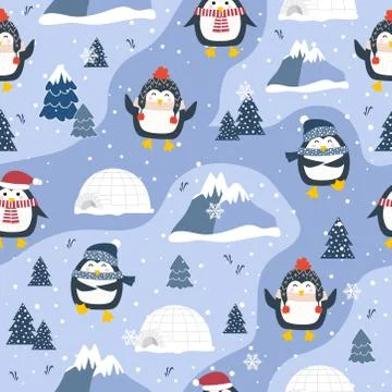 Christmas seamless pattern with penguin background, Winter pattern, wrapping  Stock Illustration