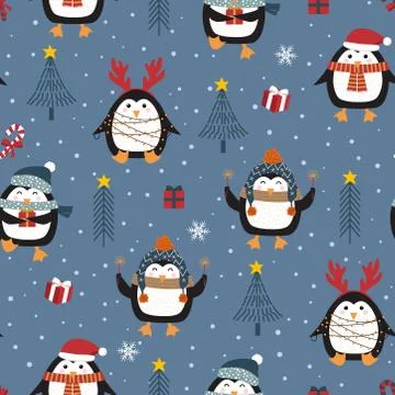 Christmas seamless pattern with penguin background, Winter pattern, wrapping  Illustrazione stock